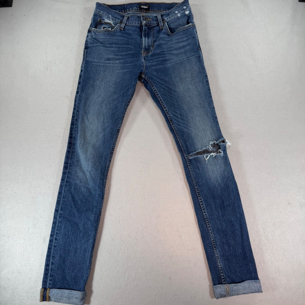Hudson Skinny Jeans Womens 29x31 Medium Wash Distressed Knee Mid Rise Blue Denim